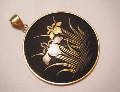 1.25'' Vintage AMITA Damascene Iris Flower Pendant Gold Silver Black Enamel Japan
