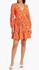 ELIZA J Floral Ruffle Long Sleeve V Neck  Dress Orange Red Pockets Women Size 10