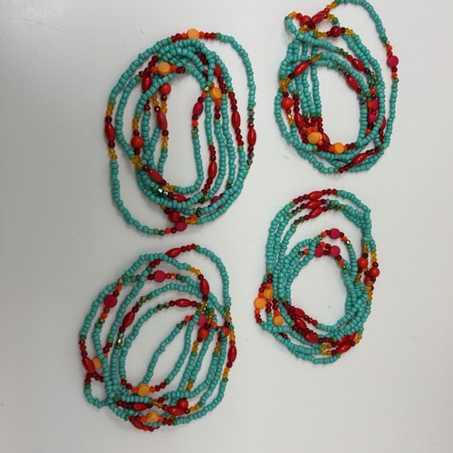 Set of Four Long Beaded Necklace Strands Turquoise Pink Red Orange Glass Plastic - Picture 5 of 7
