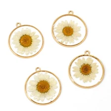 4PCS Gold Tone Real Dry White Daisy Flower Resin Round Charm Pendant GBY1002