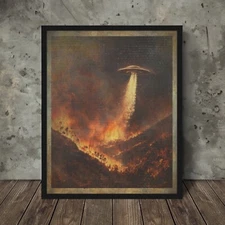 UFO Firefighter Wall Art, Alien Forest Fire Poster, Los Angeles Wildfire Decor