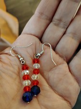 Patriotic Red Blue Crystal Earrings Beads Beaded USA Flag 4th of July