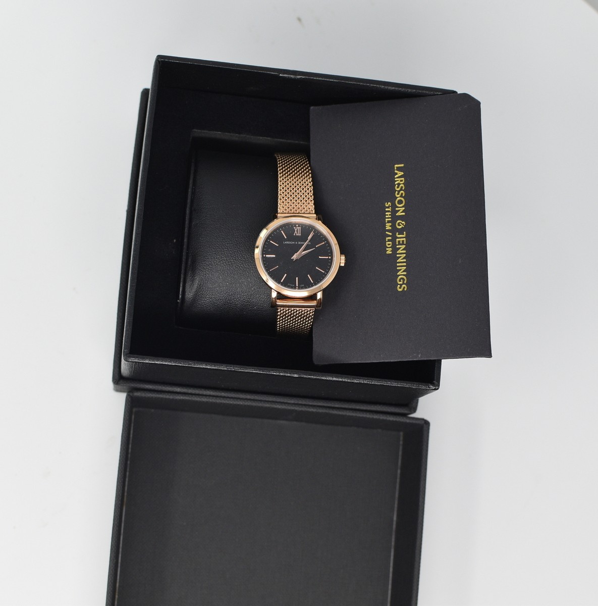 LARSSON AND JENNINGS LJXII LUGANO MILANESE 26MM BLACK DIAL ROSE GOLD 