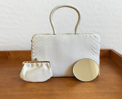Judith Leiber White Top Handle Bag w/ matching coin purse + oval mirror