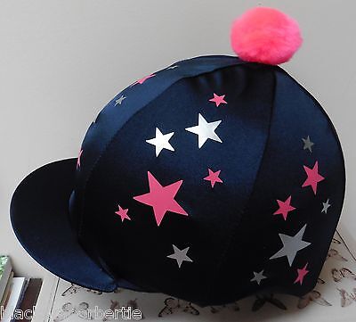 CUSTOM PRINTED RIDING HAT SILK SKULL CAP COVER NAVY WITH LIGHT PINK STARS POMPOM
