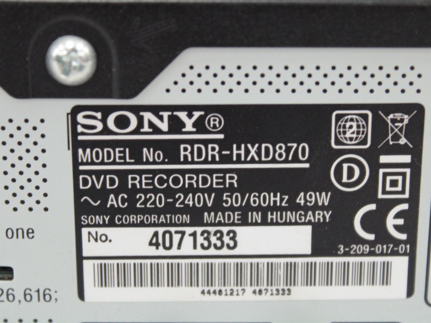 SONY DVD Recorder RDRHXD870 in Black 160GB HDD 240V Inc Remote D37