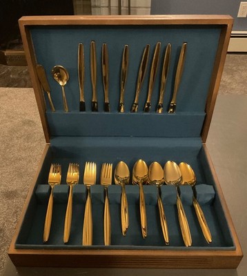Vintage COSMOS Stainless Steel Gold Tone FLATWARE in Wooden Box 50 Pieces Korea