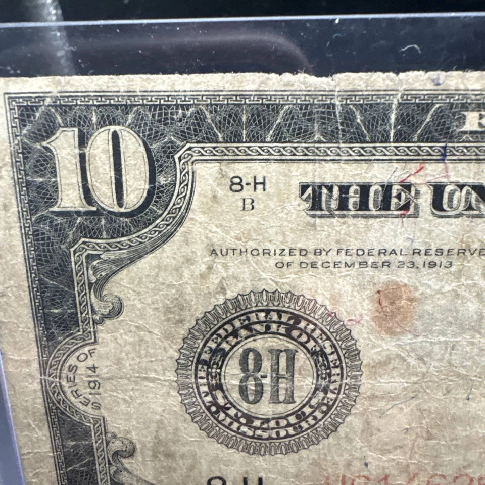 $10 DOLLAR 1914 FEDERAL RESERVE LARGE SIZE NOTE RED SEAL FR 899B. Harder To Find - Image 4 of 4