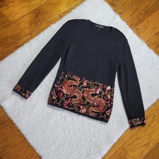 Escada Sweater Shirt Women's 36 Wool Blend DRAGONS Beaded Red Black Long Sleeve