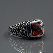 Handmade Engraved 925 Sterling Silver Red Garnet Gemstone Men's Ring