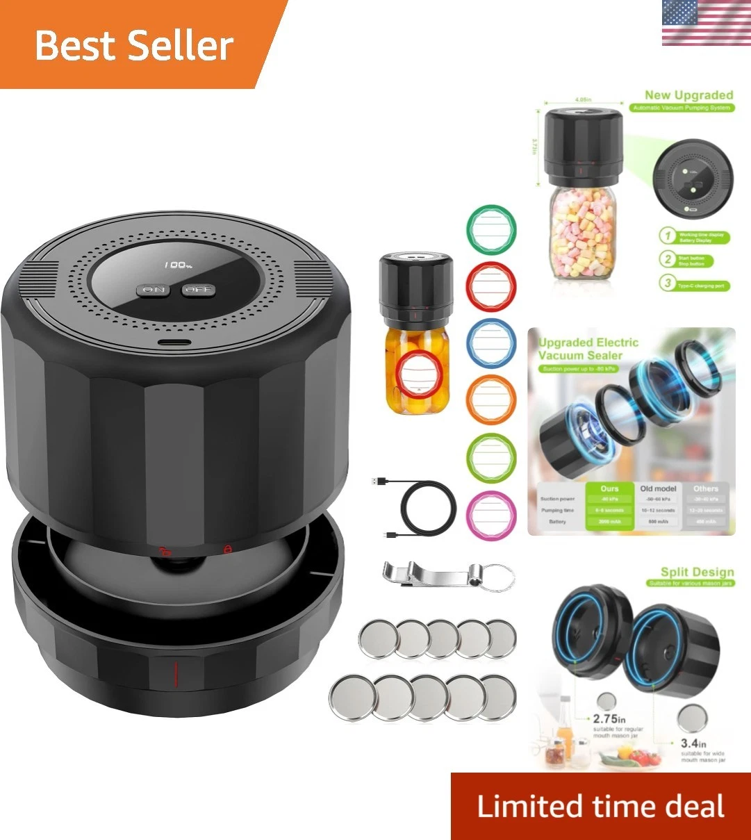 M11 Electric Mason Jar Vacuum Sealer Kit - 10 Lids for Fresh Food Preservation