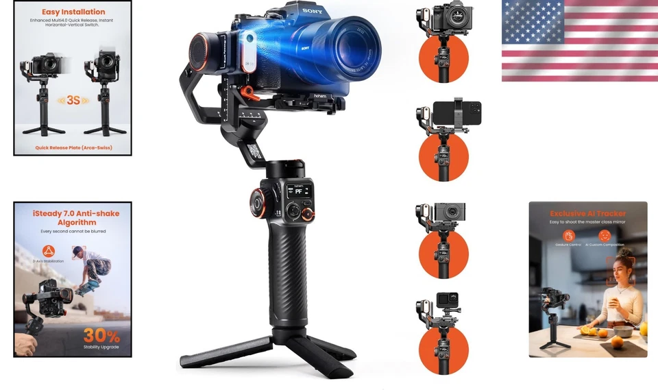 Professional 3-Axis Gimbal with AI Tracker - Supports Cameras & Smartphones - Image 2 of 4