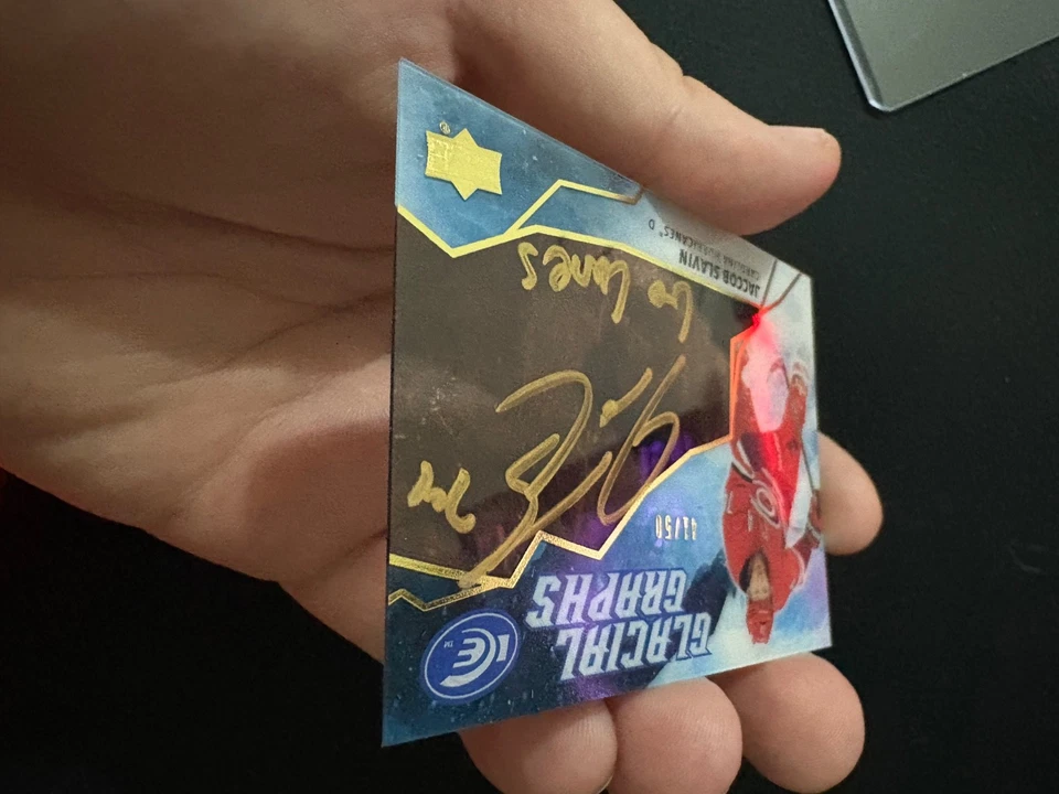 Upper deck ICE 21/22 Glacial Graphs Jaccob Slavin #/50 inscribed 19-20 update - Image 3 of 3