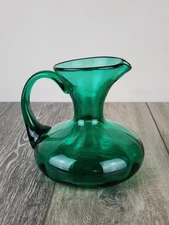 Emerald Green Art Glass Hand Blown Pitcher Vase With Handle