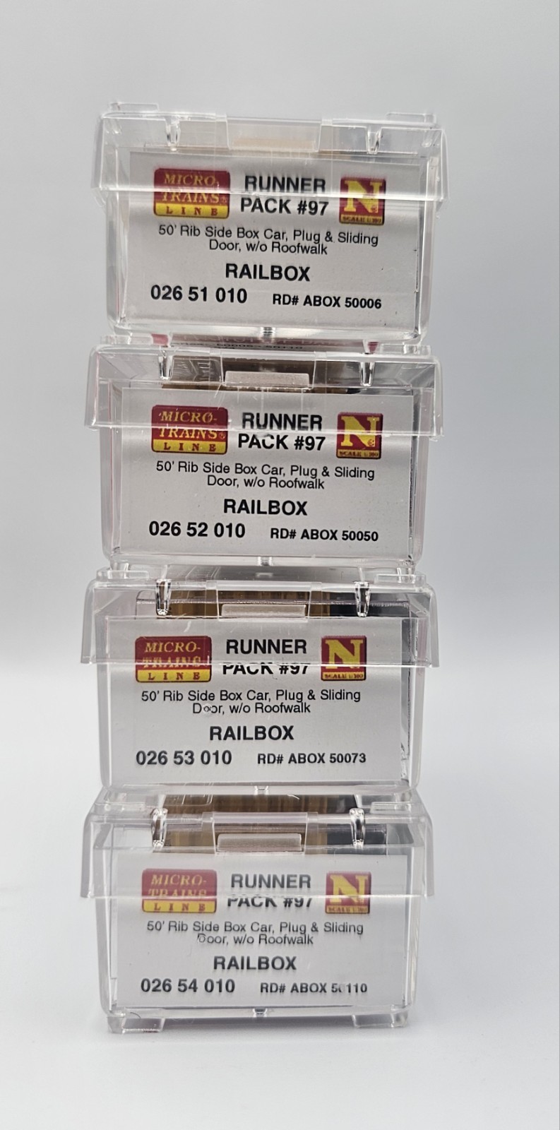 Side Glass Scale N Scale Micro Trains 99300097 RAILBOX 50' Rib Side Box Car Set 4PK ...