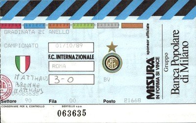 F.C. Stadium Ticket Internazionale Roma Campionato 1989 Milano Calcio Vintage