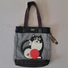 Chala Work Tote Crossbody Pleather Bag Fat Cat White Stripes Large 