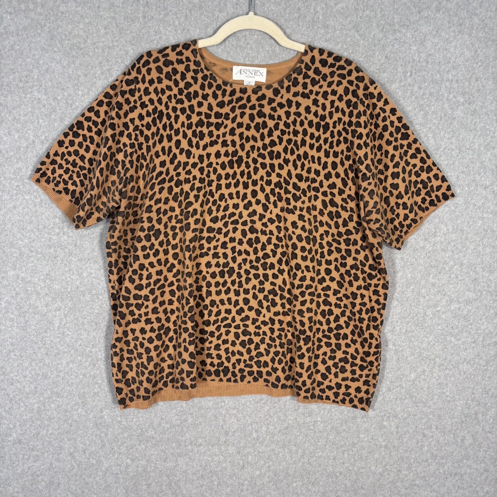 Vintage 90s Leopard Sweater Top 1X Short Sleeve Knit Maximalist Whimsical Thin