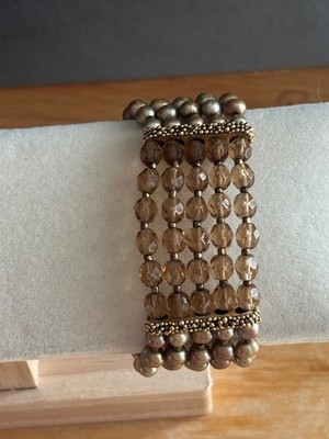 Vintage Signed ROBIN STEELE Inc Five Strand Bracelet Topaz Beads Beige Gold Tone