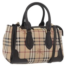 BURBERRY Nova Check Hand Bag PVC 2way Beige Gold Auth BAZ199