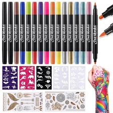 "Temporary Tattoo Markers for Skin,15Pcs Dual-Ended Tattoo Pen + 50 Paint Stenci