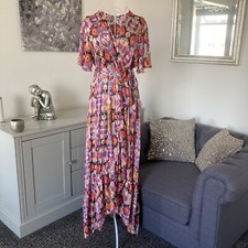 Pink Orange Paisley V-Neck Wrap Short Sleeve Belted Ruffle Hem Maxi Dress 8-10