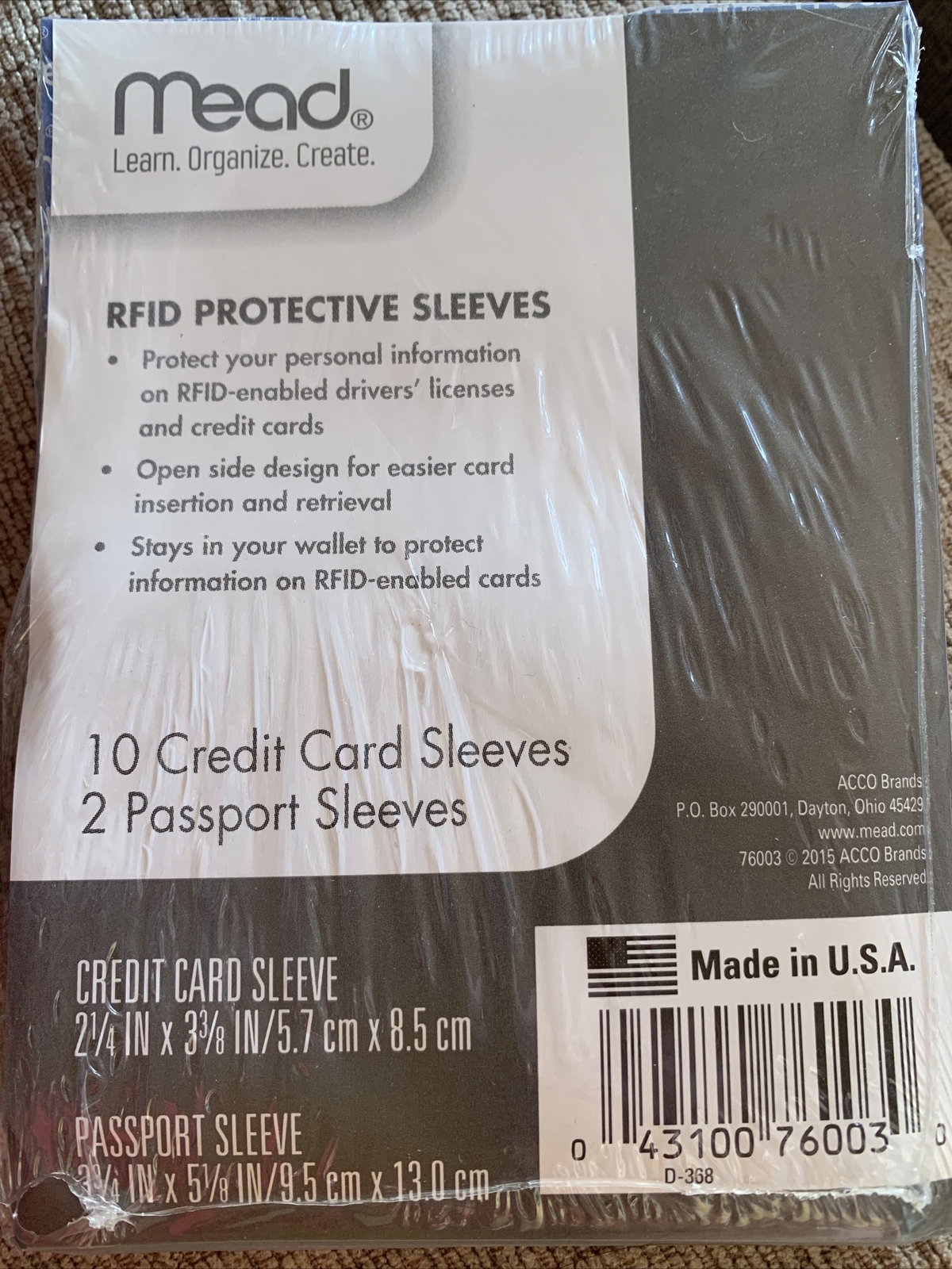 MEAD 12 Pack RFID Blocking Sleeves. 10 Credit Card & 2 Passport Protectors