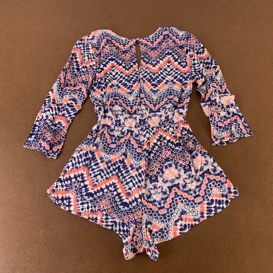 Derek Heart Juniors Size Medium Blue Peach Print 3/4 Sleeve V Neck Ruffle Romper - Image 3 of 4