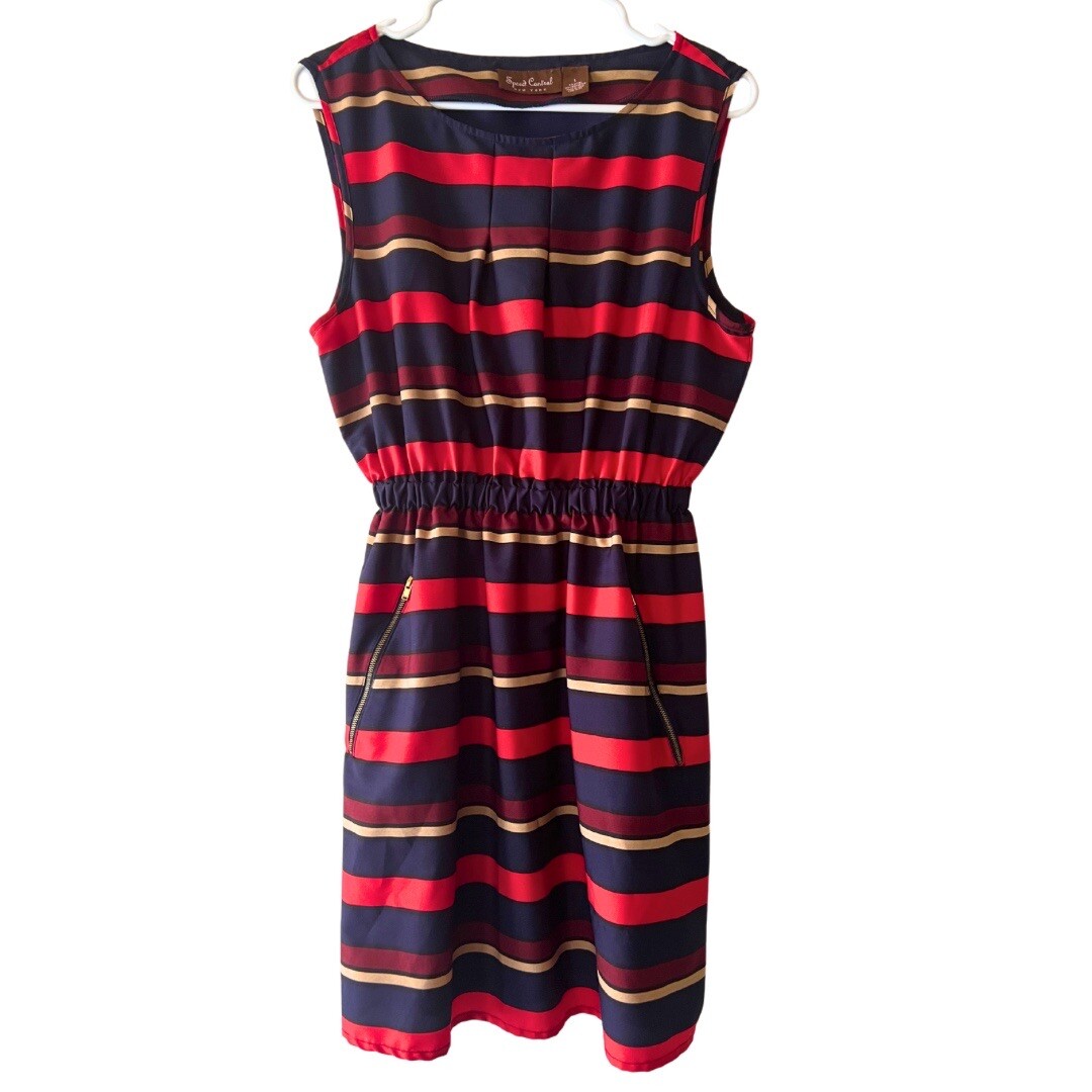 open lace back dress navy and red striped oversized tshirt dress with pockets main image 0