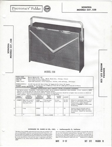 1957 SONORA 537 538 Portable AM Tube RADIO Photofact MANUAL Receiver Sams - Afbeelding 2 van 2