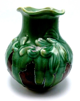 Hand Crafted Ceramic Drip Glaze Green Leaves &Brown Vase 6'' Studio Art Pottery