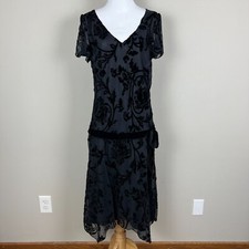 Fairy Whimsigoth Velvet Burnout Dress 12 Black Floral Drop Waist Bow Y2K Vintage
