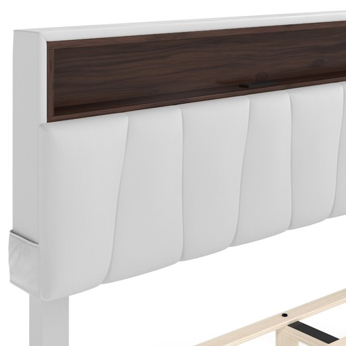 Full Size Bed Frame w/ Upholstered Headboard Storage LED Lights & Power Outlets - Picture 10 of 12