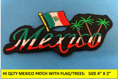 MEXICO FLAG PATCH w/ TREES IRON-ON SEW-ON EMBROIDERED MEXICAN EMBLEM (4''x2 )