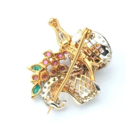 Flower Basket Charm Pin Diamond Ruby Emerald 14K Gold Enhancer Top - Picture 2 of 4
