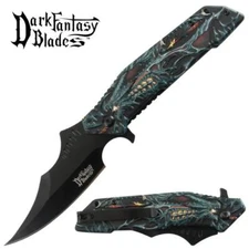 8.5" DARK FANTASY BLADES DRAGON PRINTED SPRING ASSISTED  FOLDING KNIFE BLACK