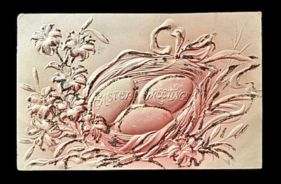 Easter Greetings Glitter Embossed   Eggs in a Basket Surrounded by Lilies