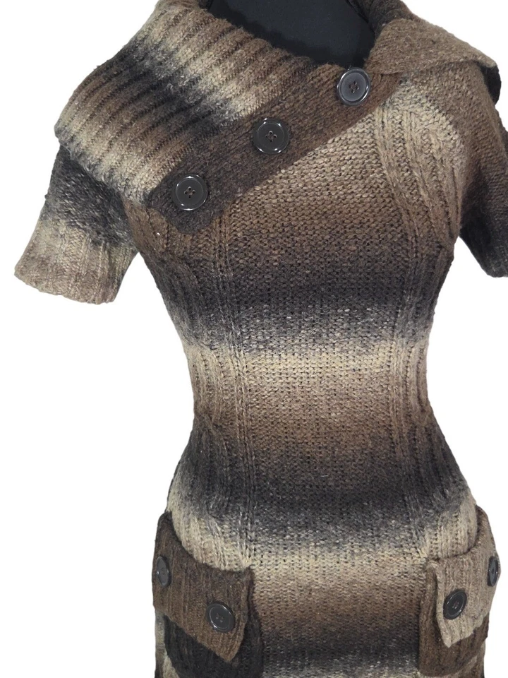 Mini Vestido Y2K De Colección Tejido Manga Corta Marrón Cuello Plegable Preppy Oficina Sirena Talla Foto 2 de 4