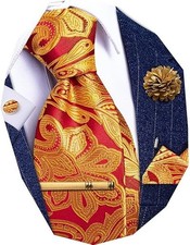 Red Gold Tie for Men Silk Floral Necktie Pocket Square Cufflinks Tie Clip Lap...