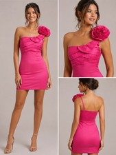 Yaprak USA One-Shoulder Pink Mini Dress with Floral Accent, Polyester and Lycra,