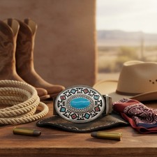 Men Silver Metal Buckle Native Ethnic Aztec Look Big Oval Turquoise Cowboy Style