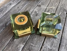 Mid-Century Modern Ice Cube Ashtray Table Lighter Set With Holders Green  Brass