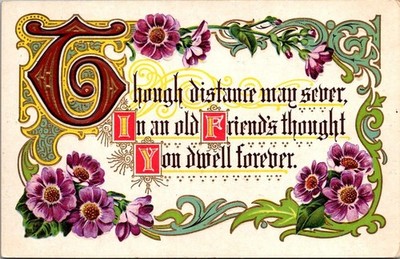 Though Distance May Sever FLOWERS embossed c1910 greetings Postcard