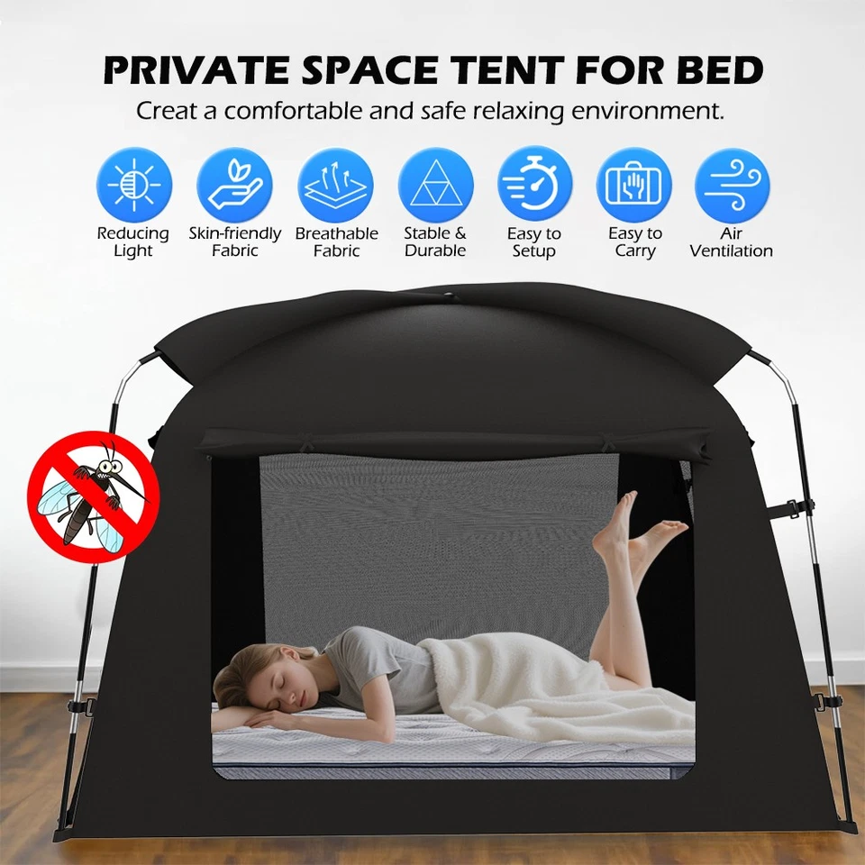 Tienda de campaña portátil con cama de privacidad doble tamaño completo apagón toldo interior para niños adultos Foto 2 de 4