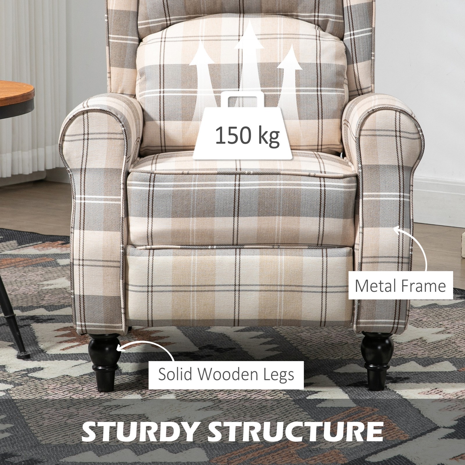 Recliner Armchair Push Back Recliner Chair with Footrest and Wood Legs Khaki