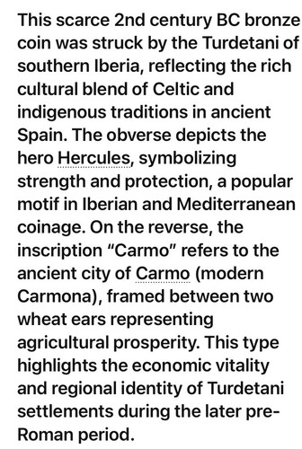 Antica Città Celtica di Carmo Moneta Iberica 150BC-101BC Popolo Turdetani 2 Grano - Foto 3 di 10
