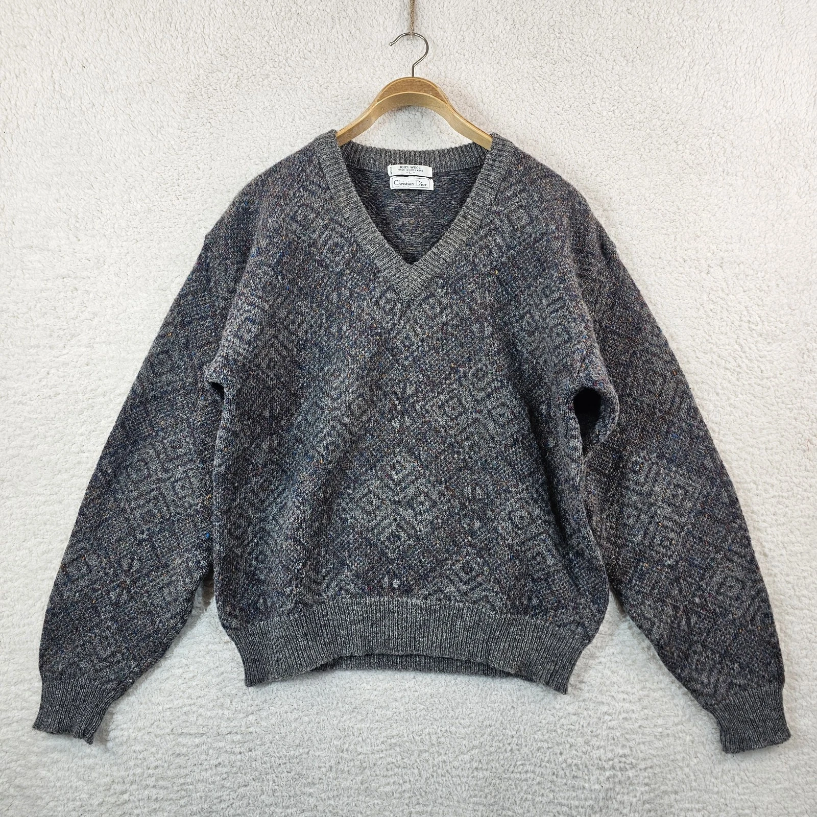 Vintage Christian Dior 100% Wool V-Neck Sweater Made In Hong Kong Size Large 80s