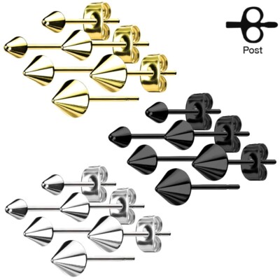 Stainless Steel 3mm-5mm Cone Spike Post Stud Earrings Silver Black Gold Plated