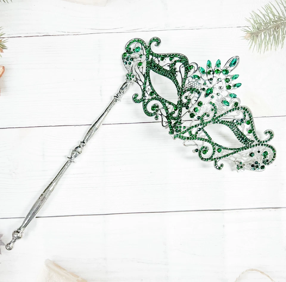 Máscara de Mascarada de Cristal Verde con Palo, Máscara de Mascarada de Plata, Fiesta de Boda Foto 2 de 4