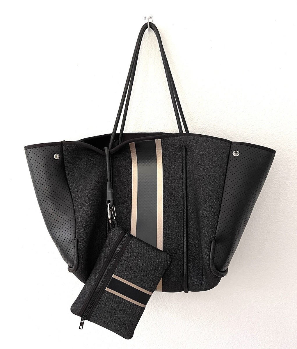 Haute Shore Large Neoprene Charcoal Gray Gold Stripe Tote Zip